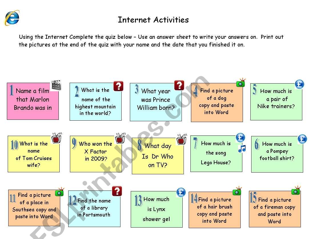 ICT Internet worksheet