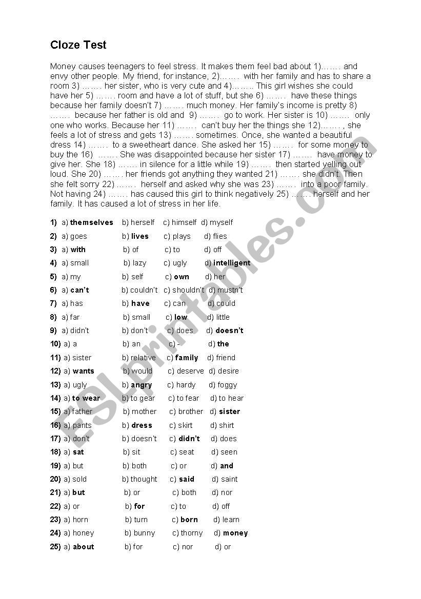 cloze test worksheet