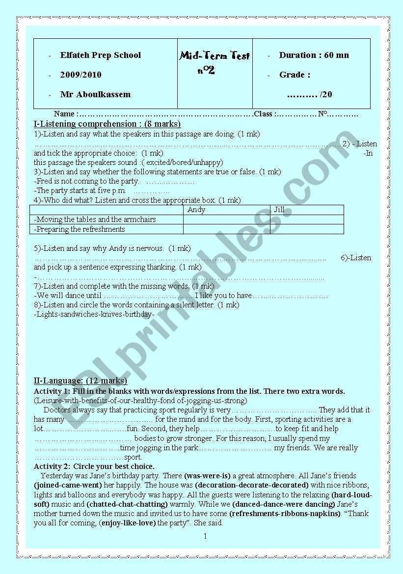 Mid-term test n2 for 9th forms