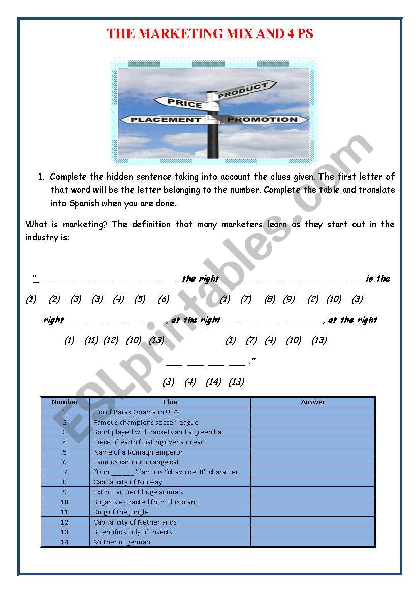 Marketing 4PS worksheet