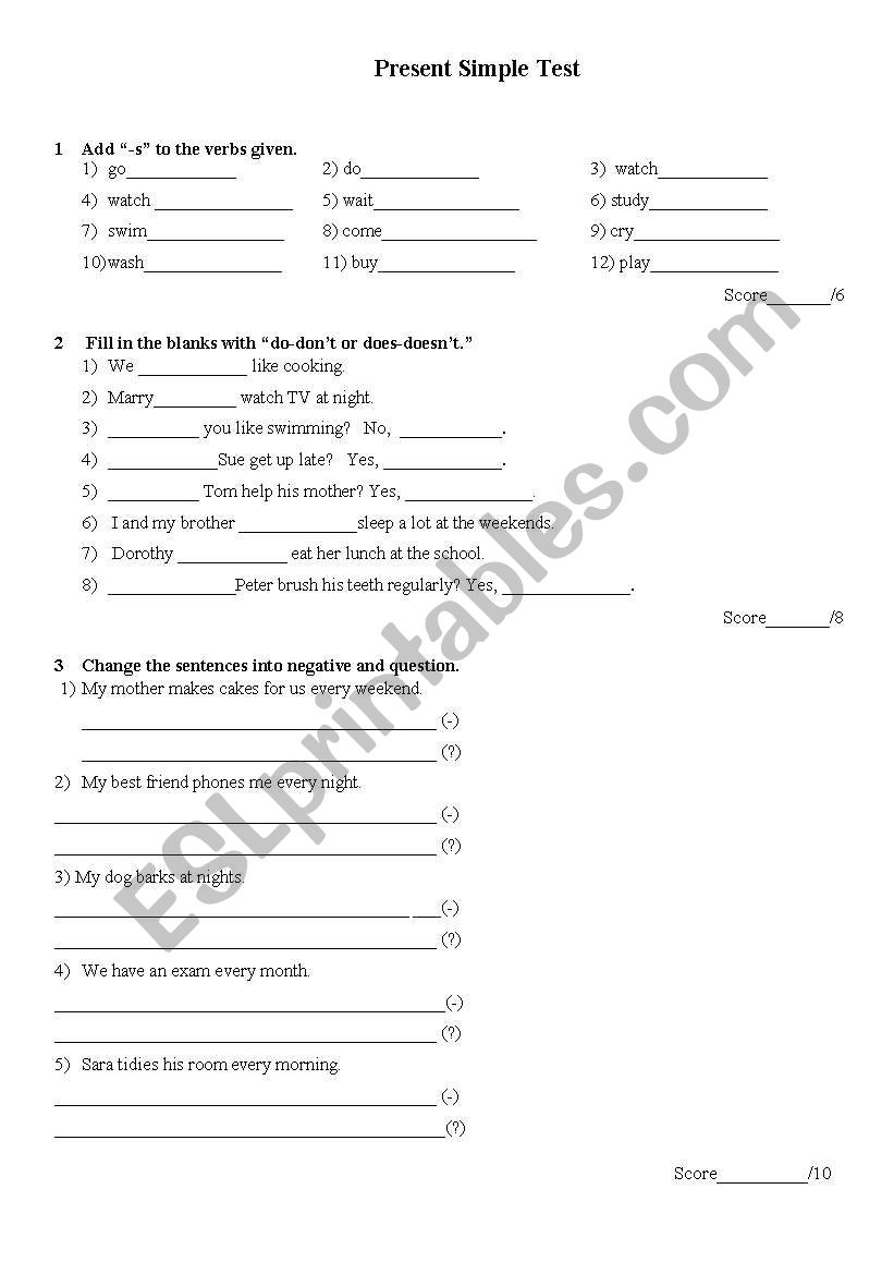 present simple test worksheet