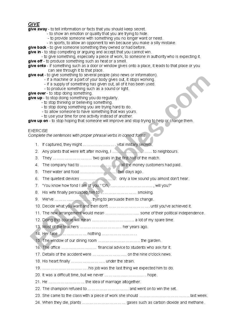 GIVE - phrasal verbs worksheet