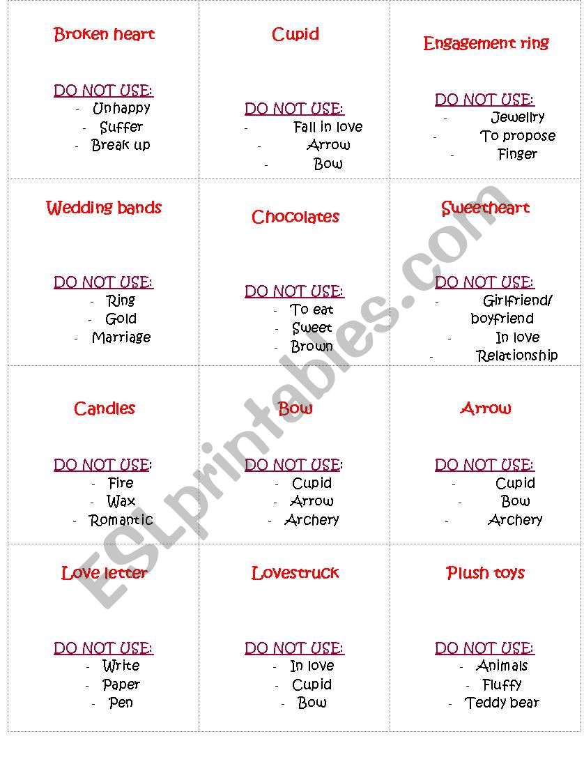 valentines taboo worksheet