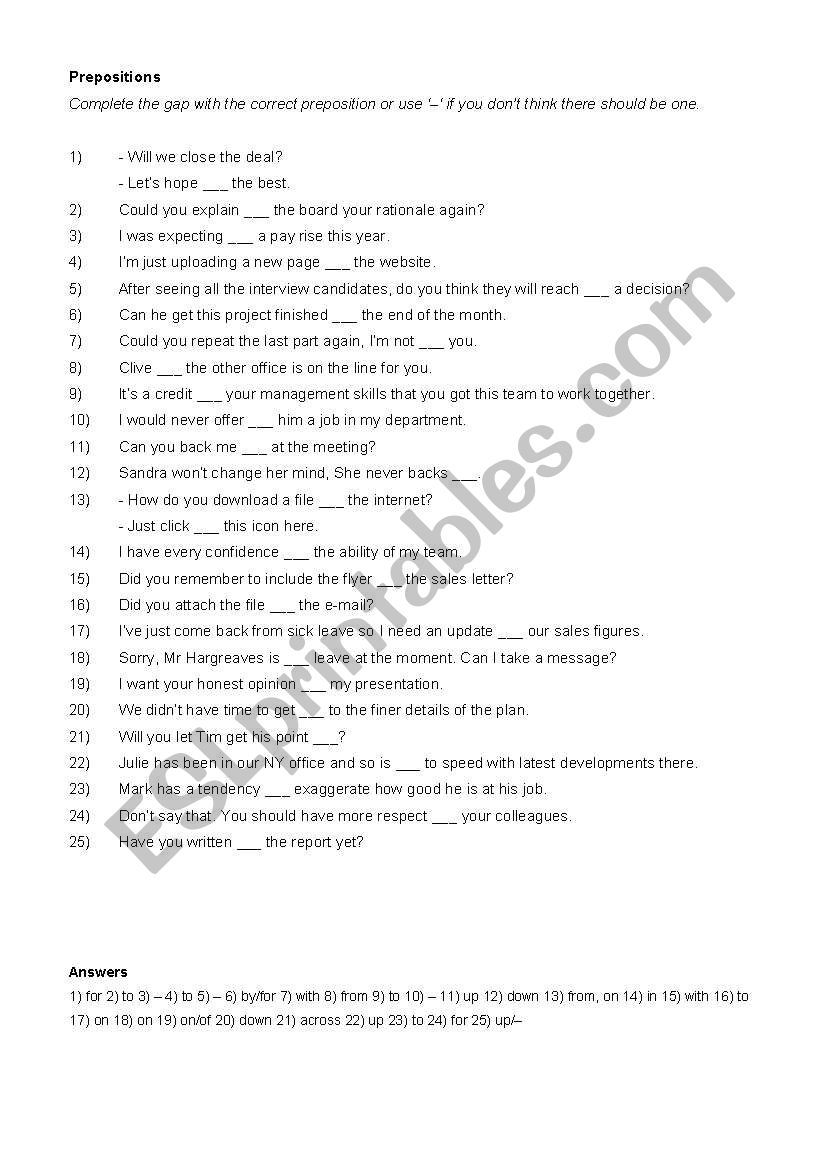 Business Prepositions worksheet