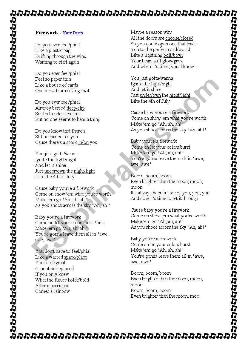 Firework Katy Perry worksheet