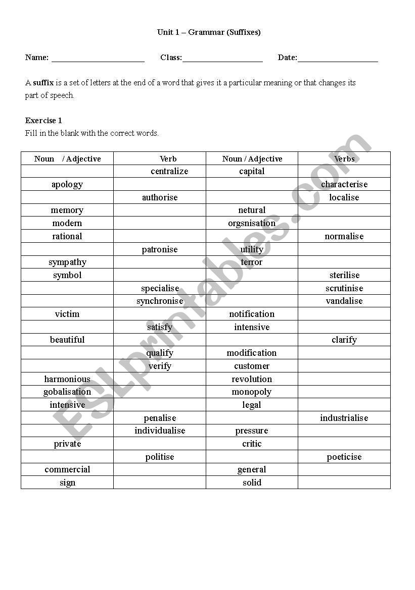 Verb to Adjective worksheet