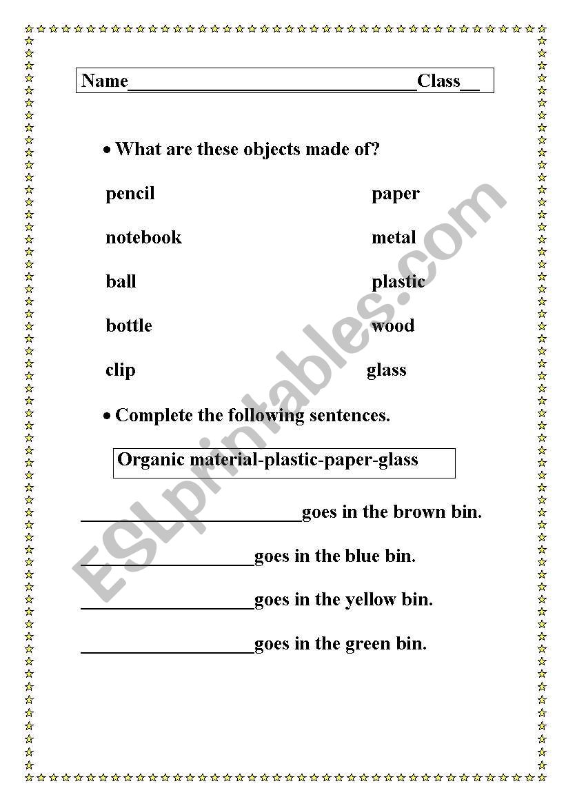 Materials worksheet