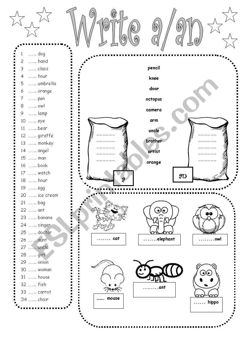 a/an articles worksheet