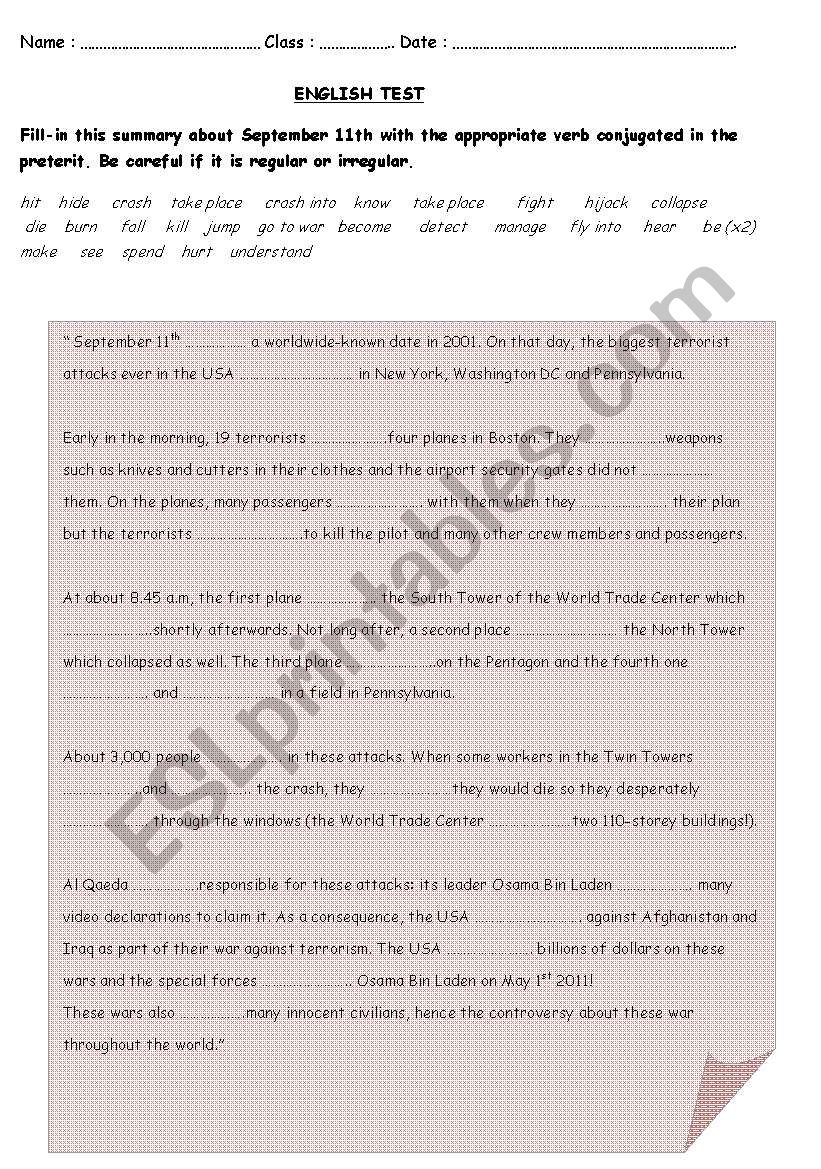 Text about 9/11 with gaps to fill-in to practice simple past (regular and irregular verbs)