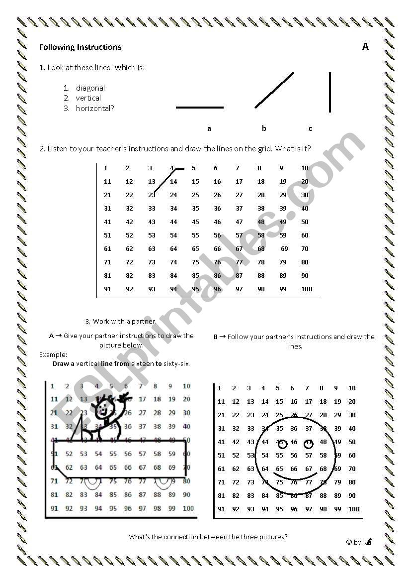 Numbers (1-100) pairwork - Following easy instructions