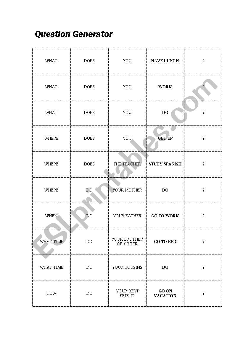 Question Generator worksheet