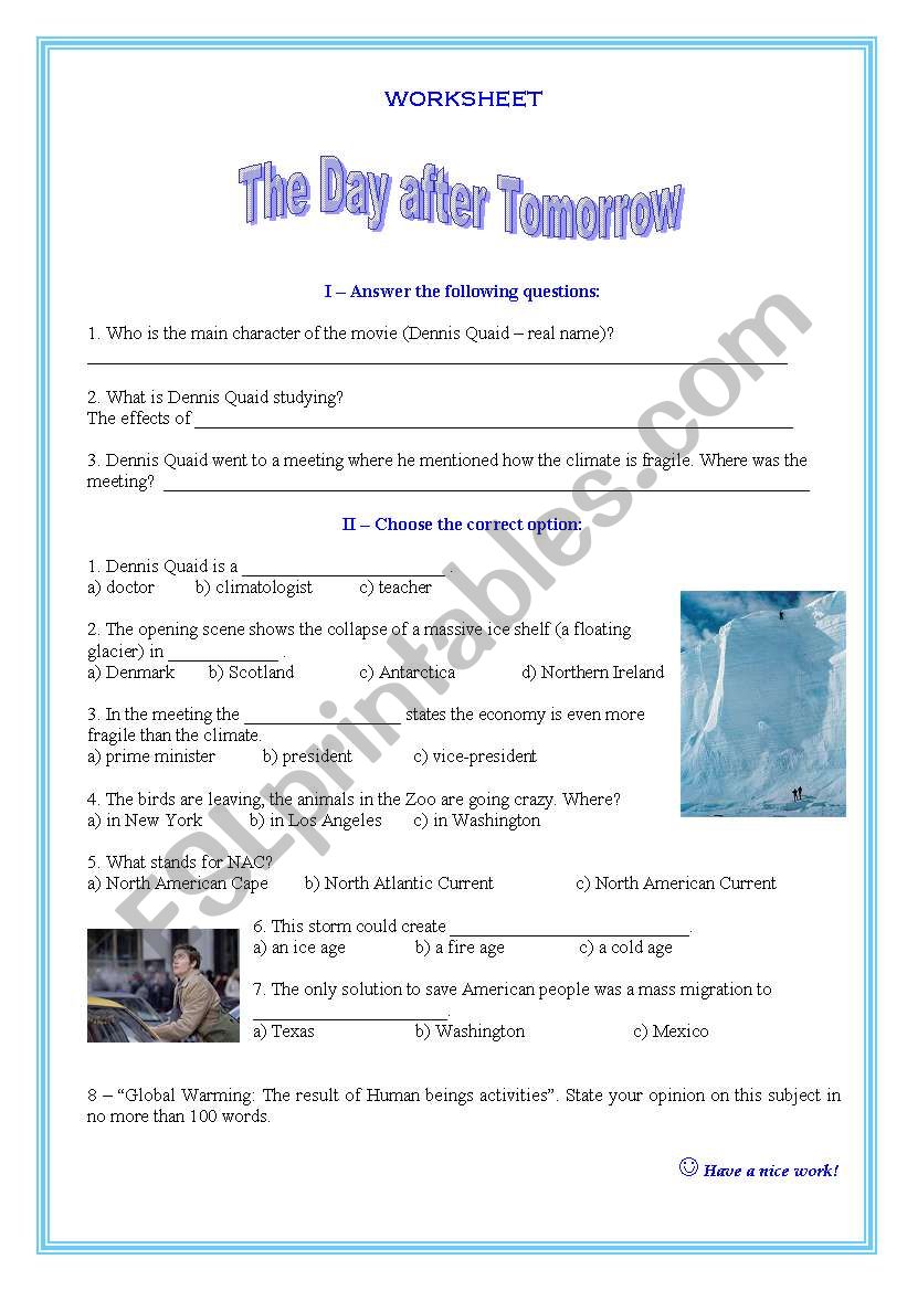 Worksheet on the movie The Day After Tomorrow