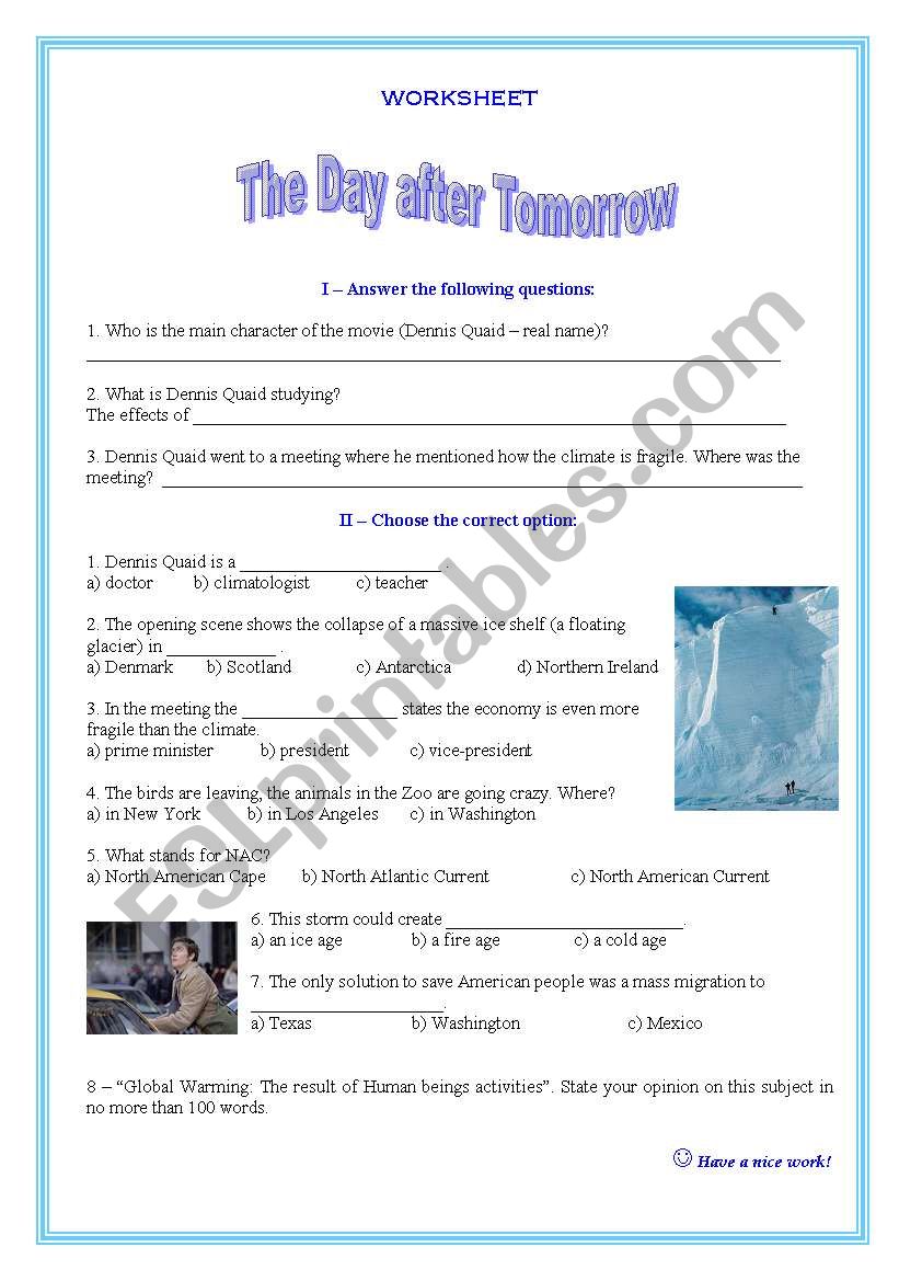Worksheet on the movie Â´The Day After TomorrowÂ´