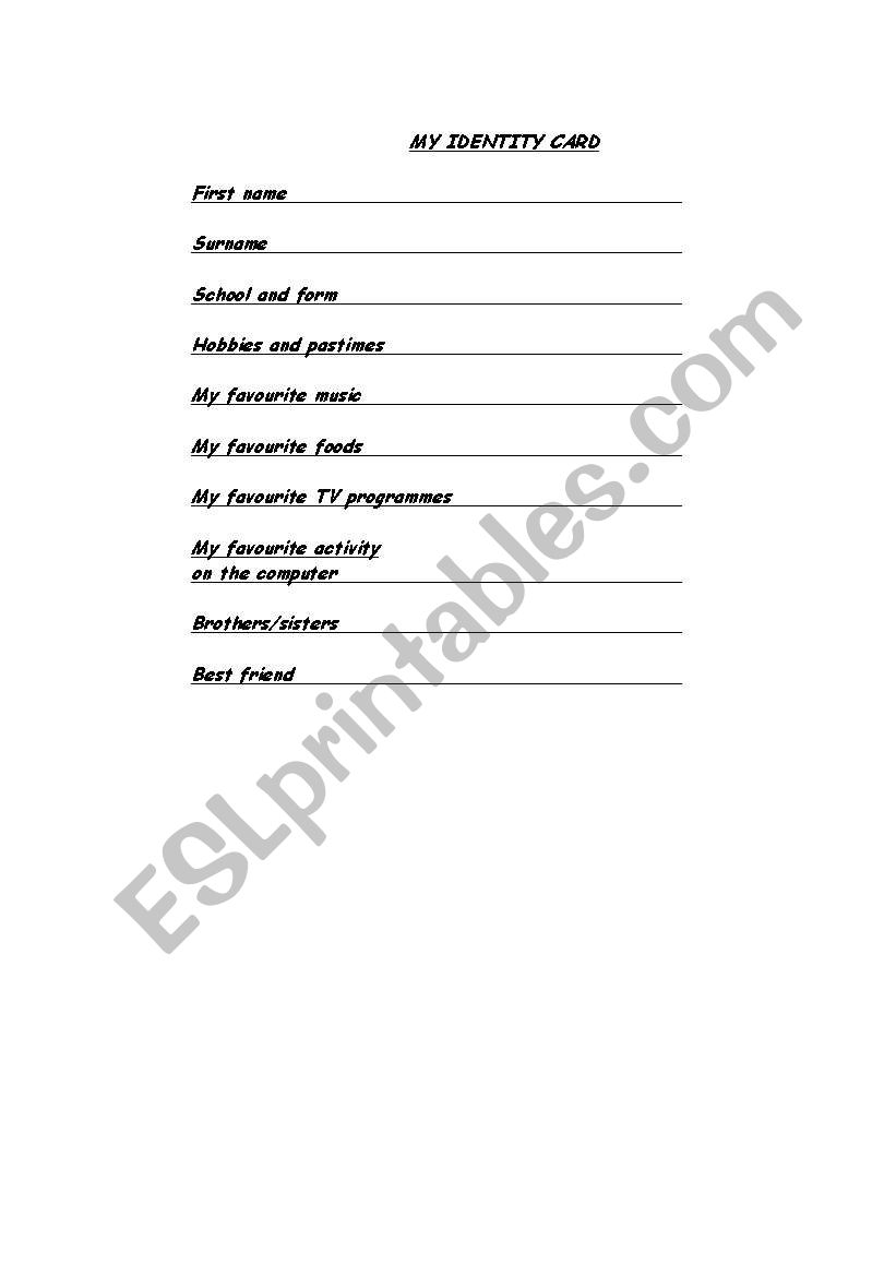 My Identity Card   worksheet