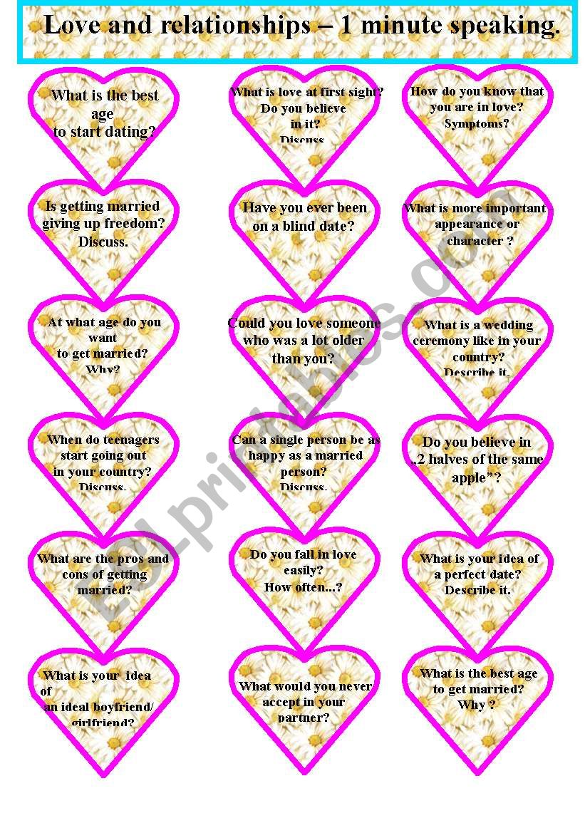 alentines Day. Love and relationships - Speaking cards. 1 minute.