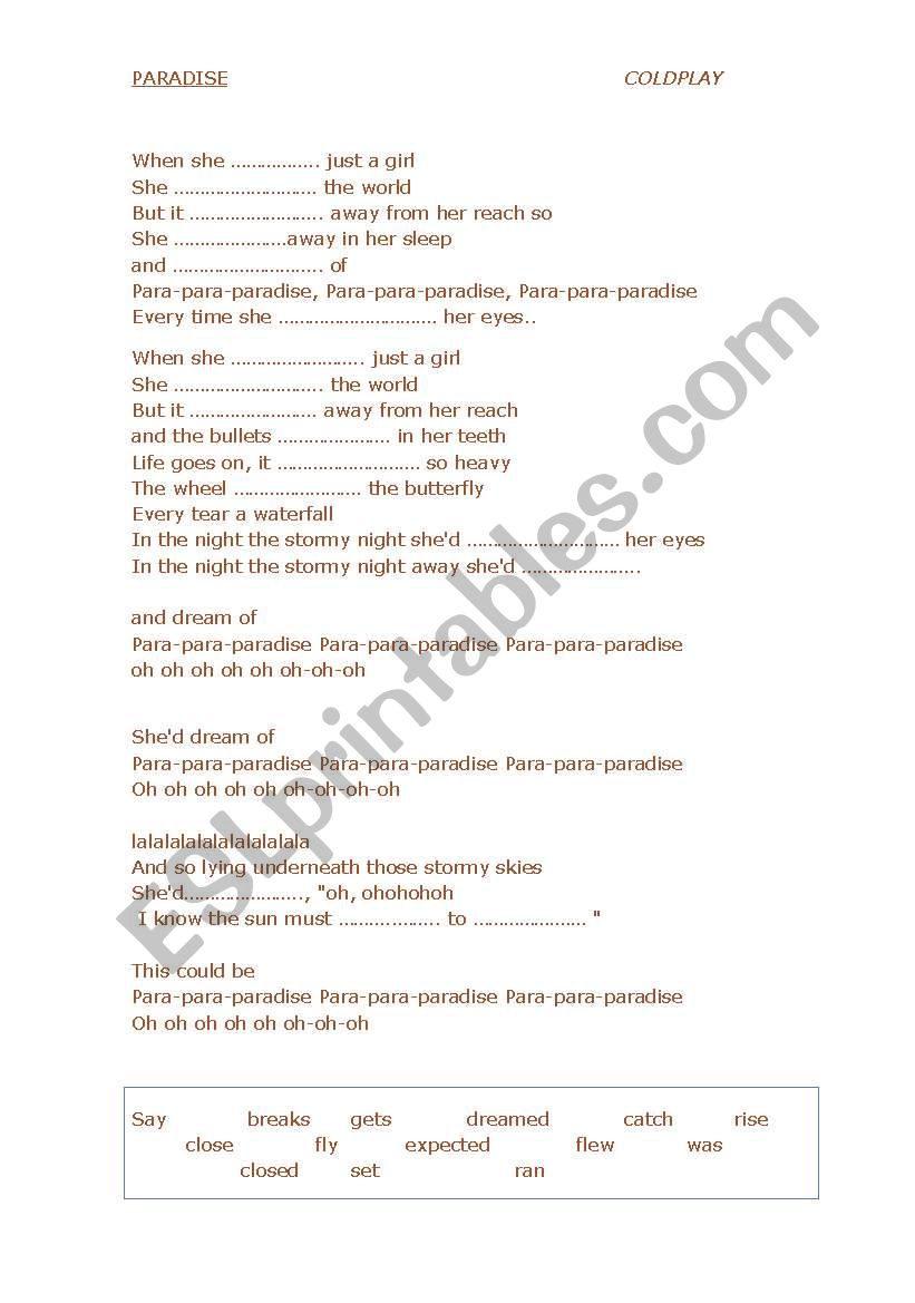 Paradise - Coldplay song and nursery…: English ESL worksheets pdf