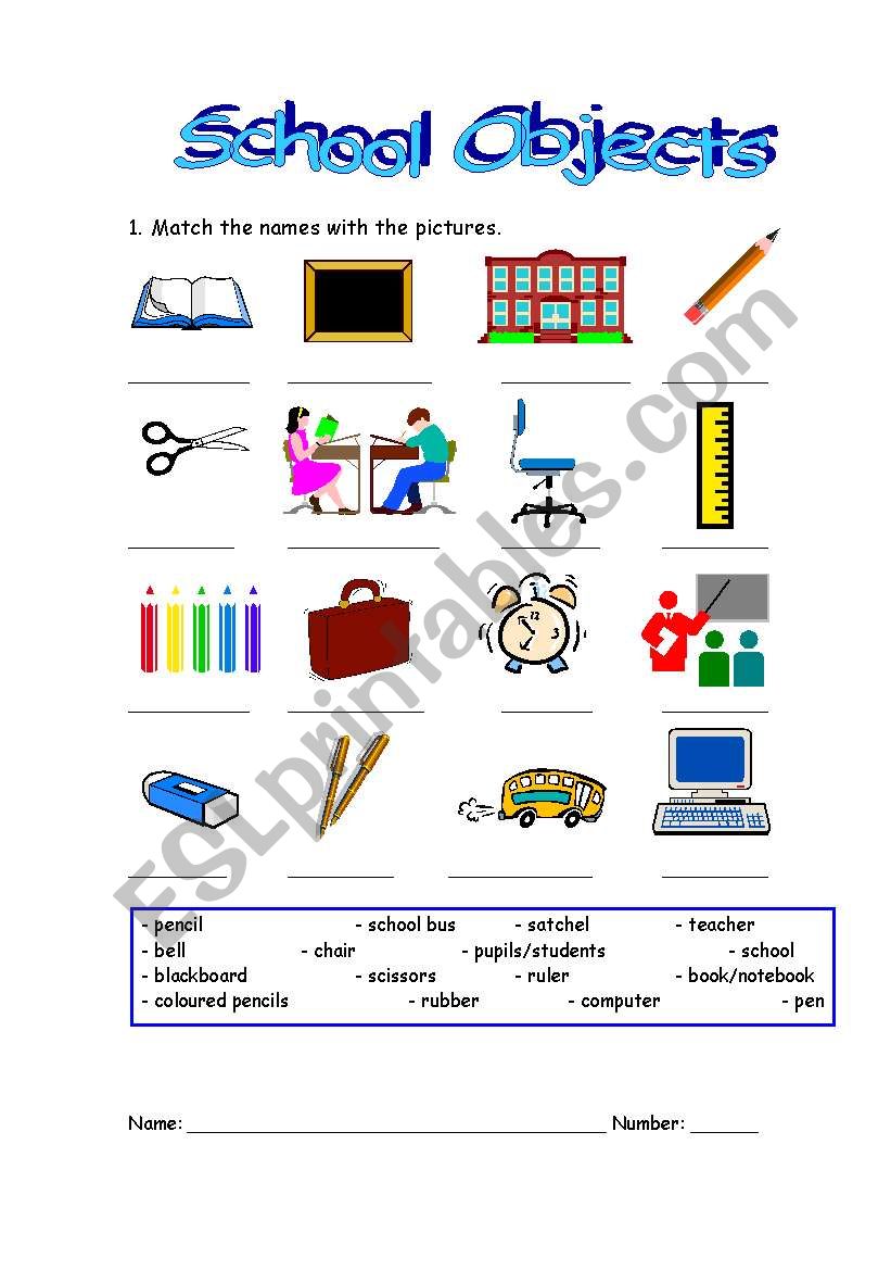 School objects worksheet