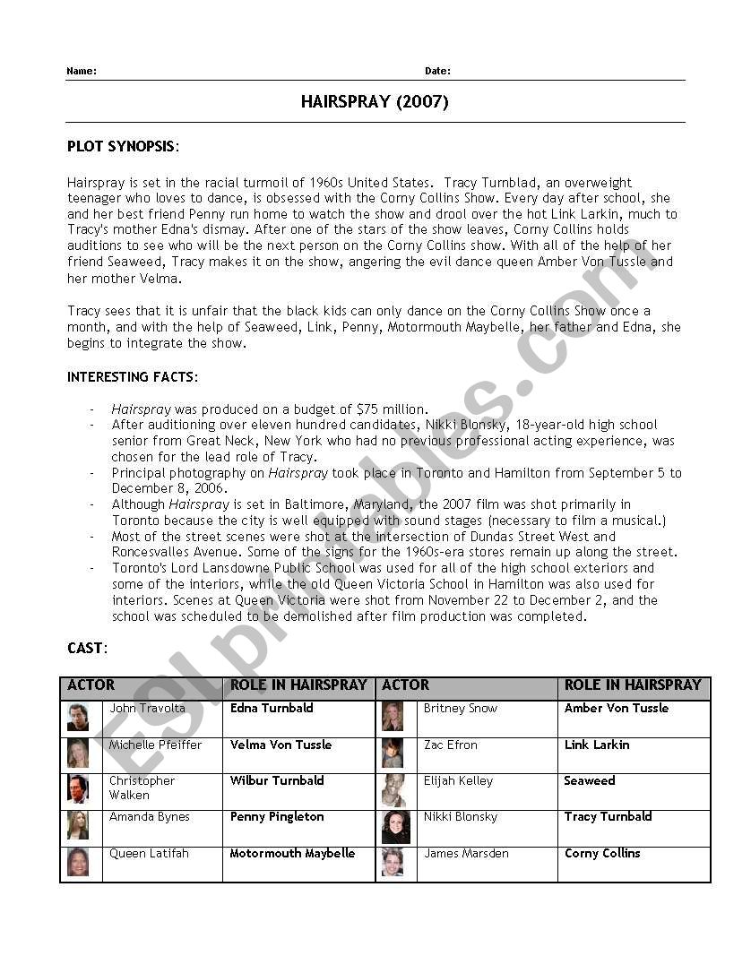 HairSpray Musical worksheet