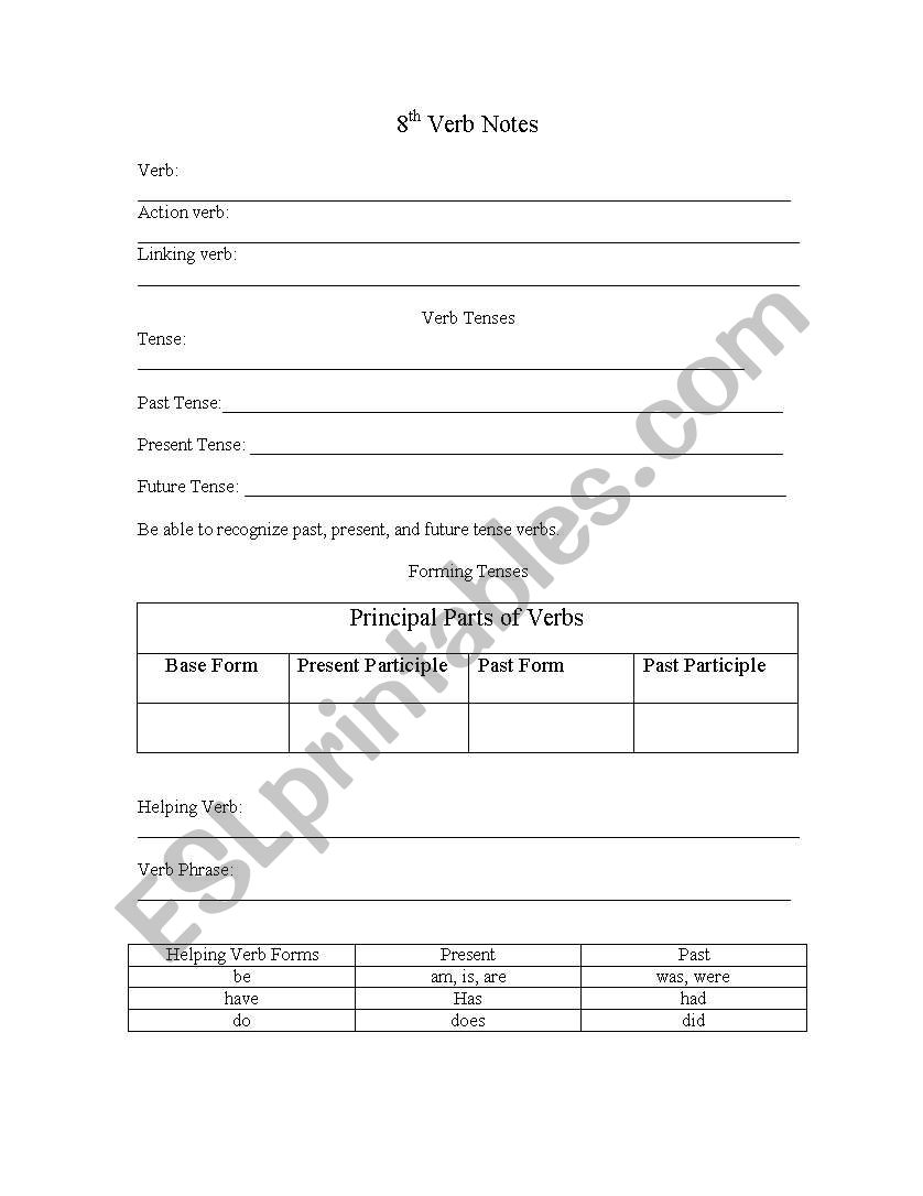 Verb Note page for middle school