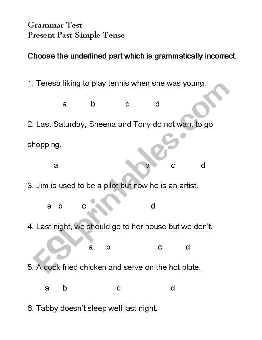 Grammar test worksheet