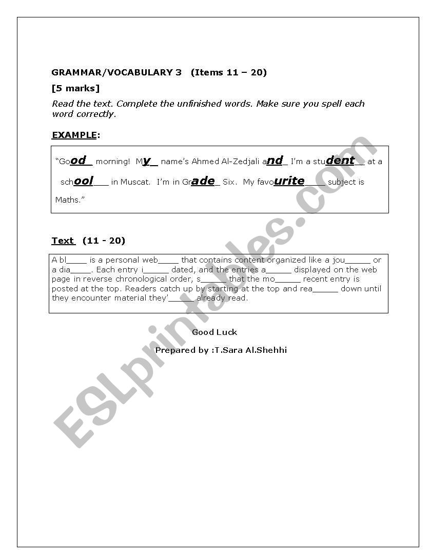 integerated task worksheet