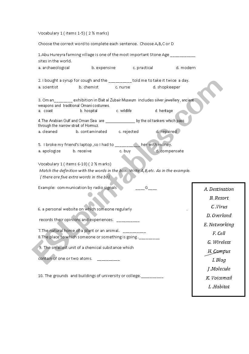 vocabulary quiz worksheet