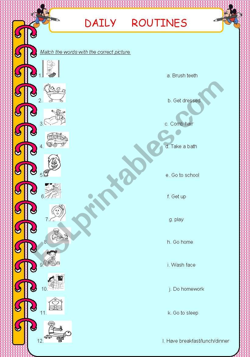 Daily routines-match worksheet