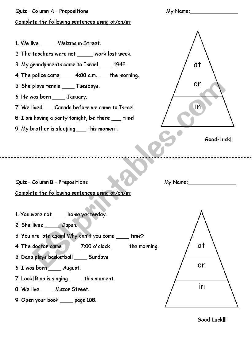 quiz preposition of time and place at/on/in