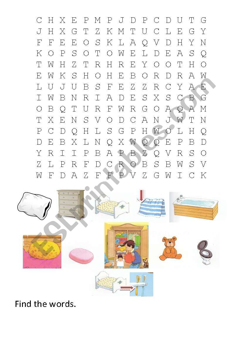 wordsearch with bedroom and bathroom words