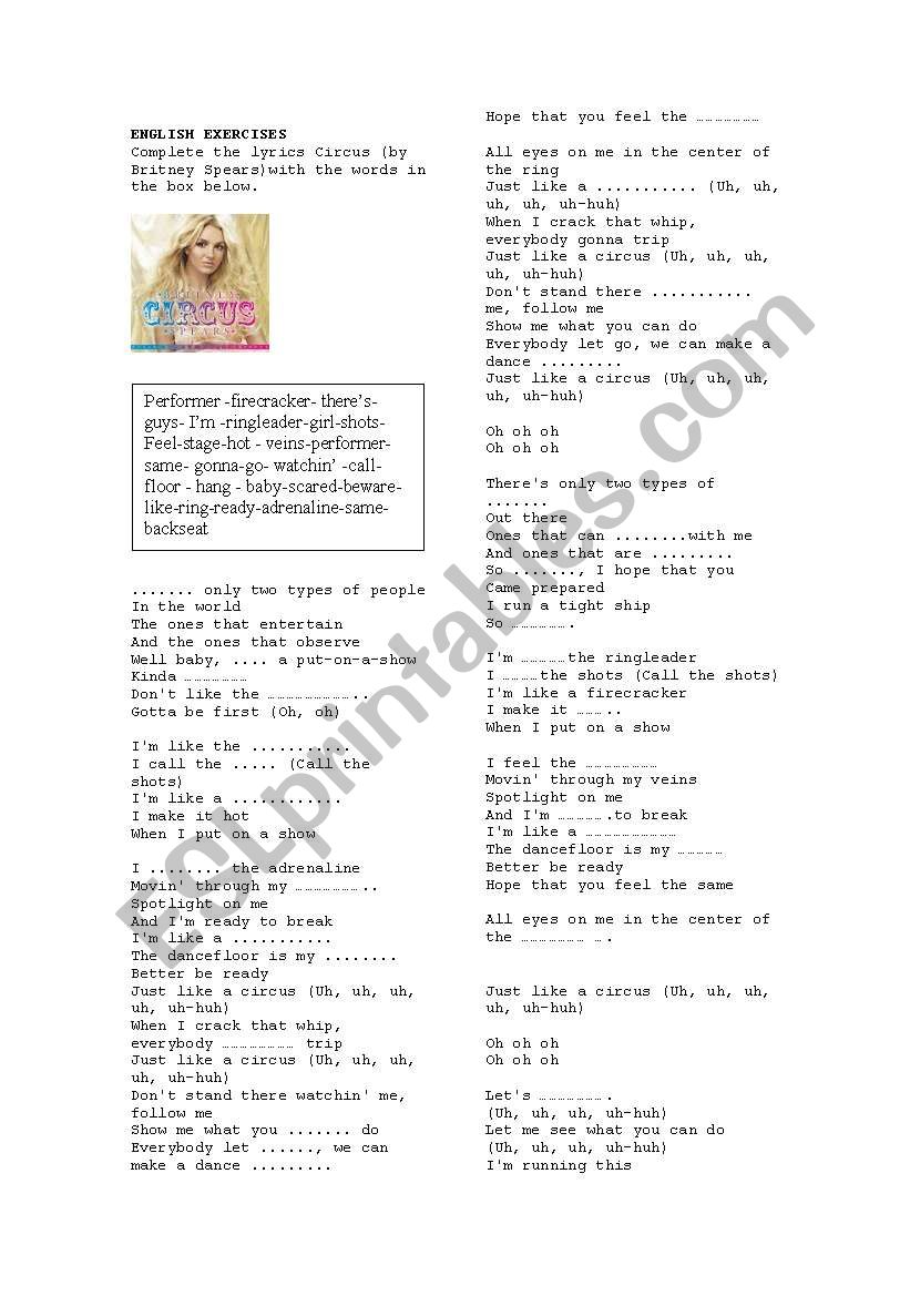 Circus -Britney Spears worksheet