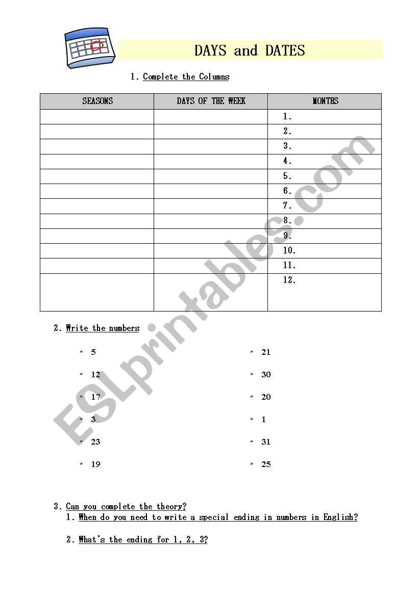 DAYS AND DATES worksheet