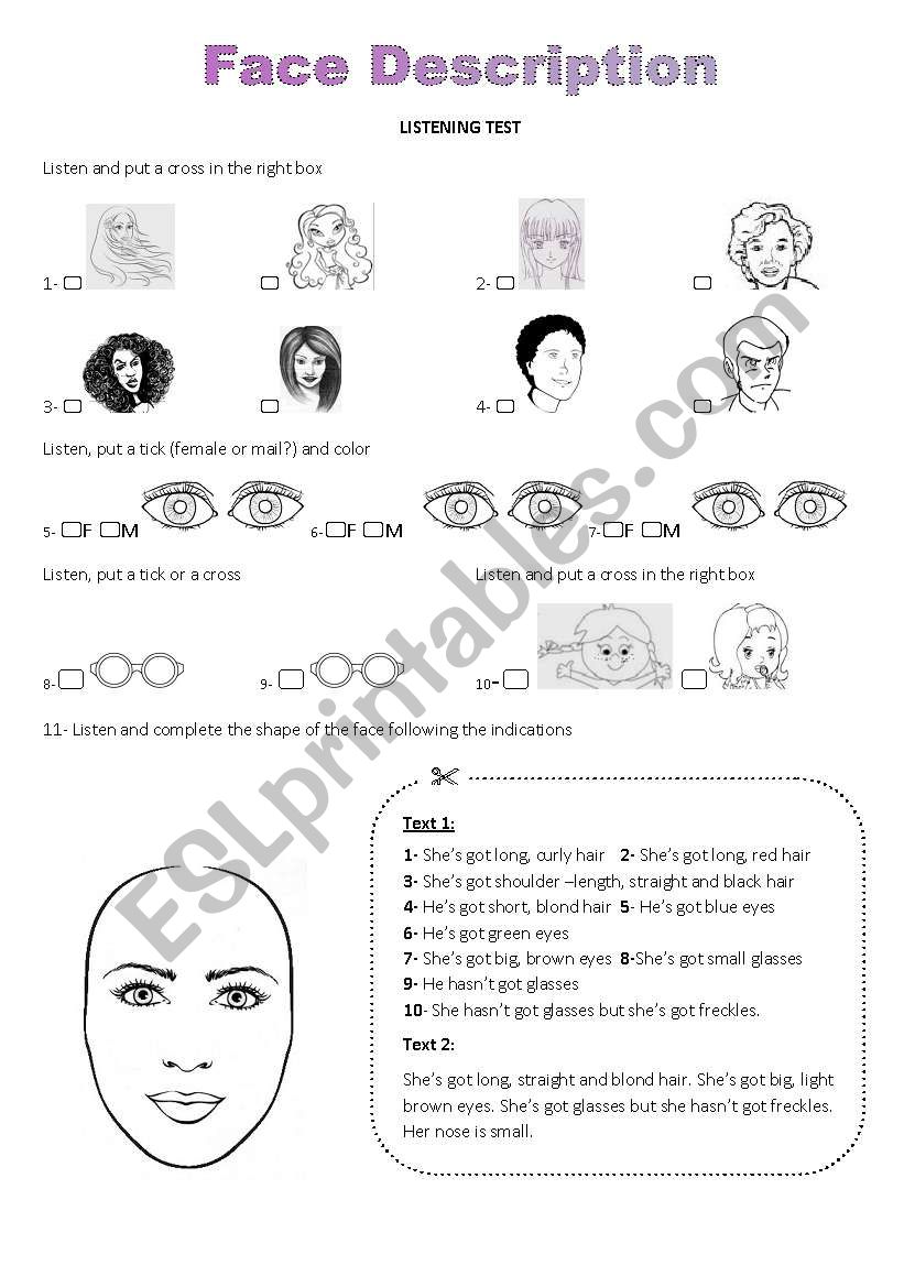 Face Description worksheet