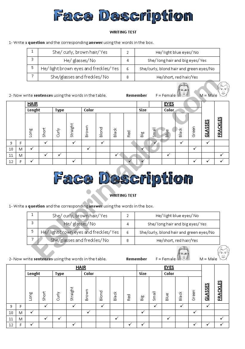 Face Description Writing worksheet
