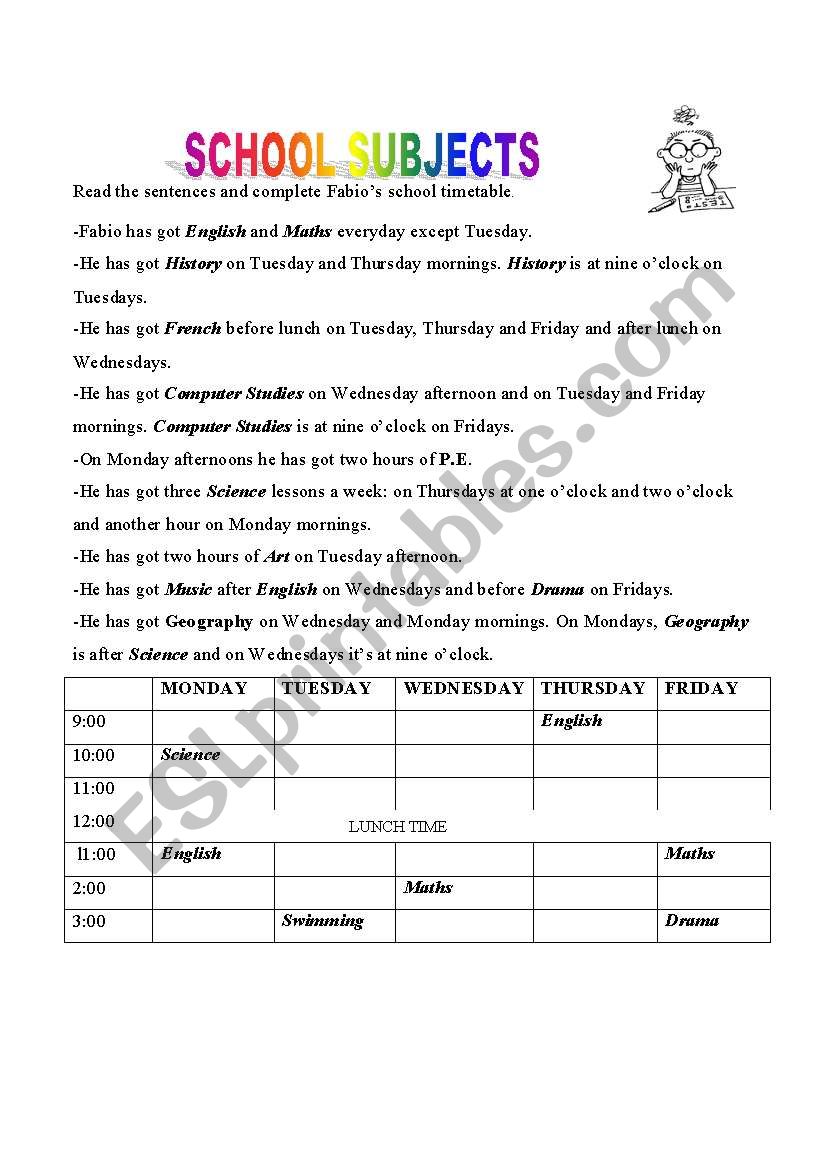 FABIOS TIMETABLE worksheet