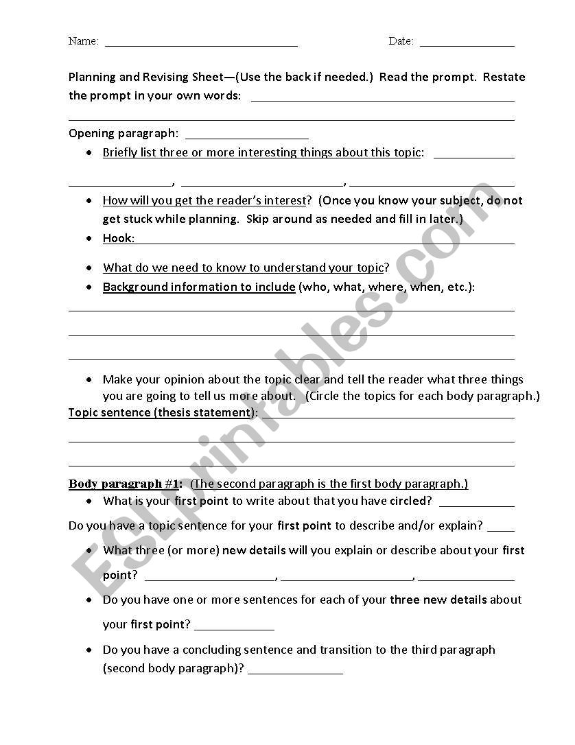 Five Paragraph Planning and Revising Sheet