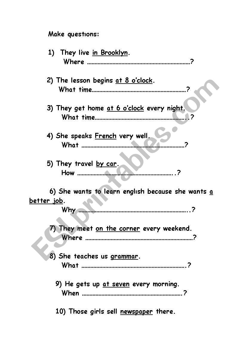 question word worksheet