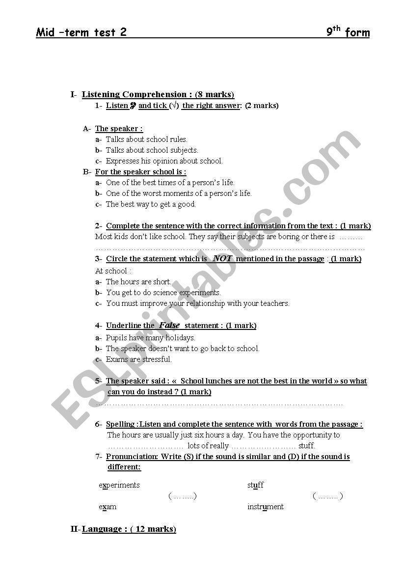 mid-term test 1 for 9th form Tunisian pupils