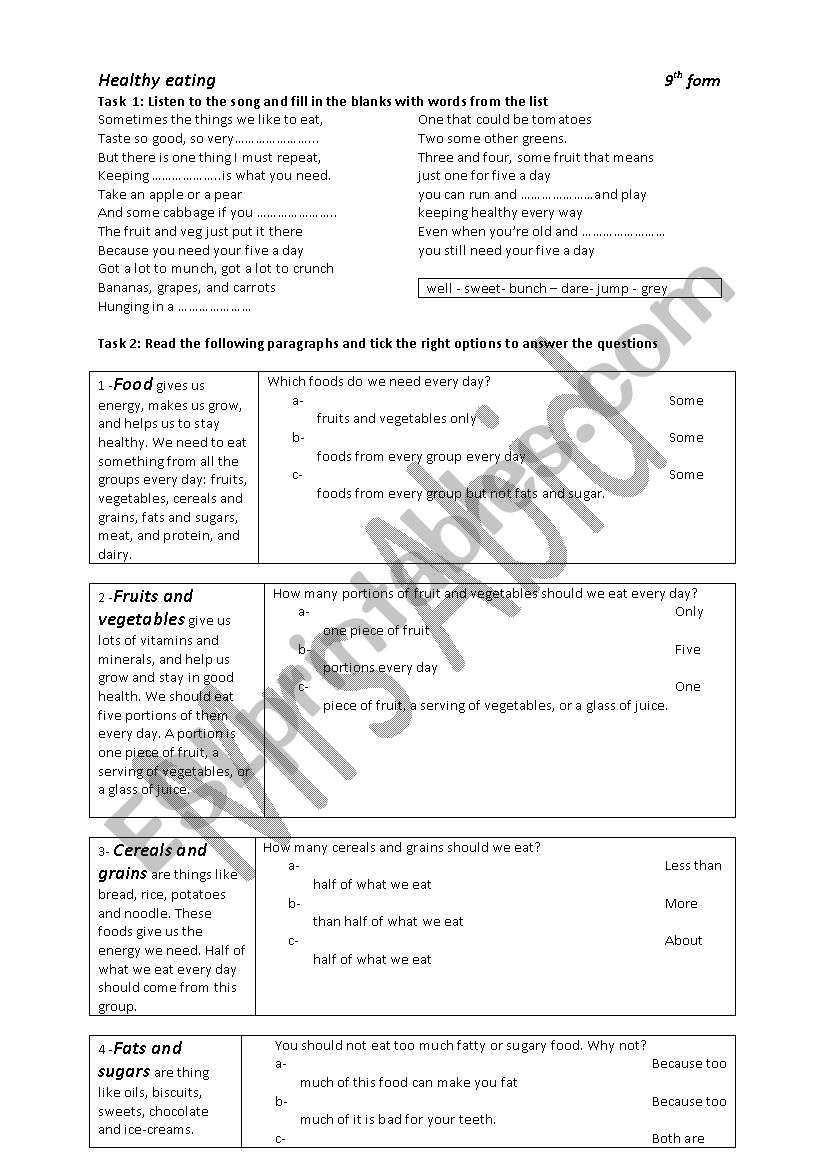 healthy eating worksheet