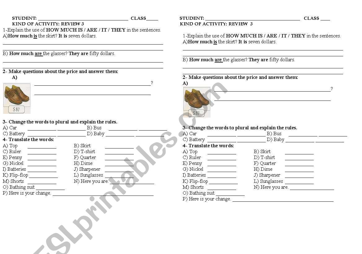 REVIEW 3 7TH GRADE, HOW MUCH IS,HOW MUCH ARE, IRREGULAR PLURAL