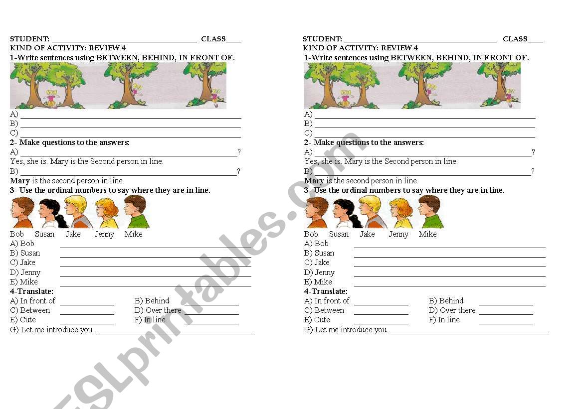 REVIEW 4 TH GADE, PREPOSITIONS BEHIND, IN FRONT OF, ORDINAL NUMBERS