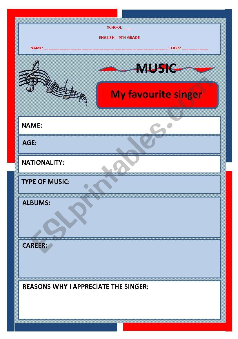My favourite singer worksheet