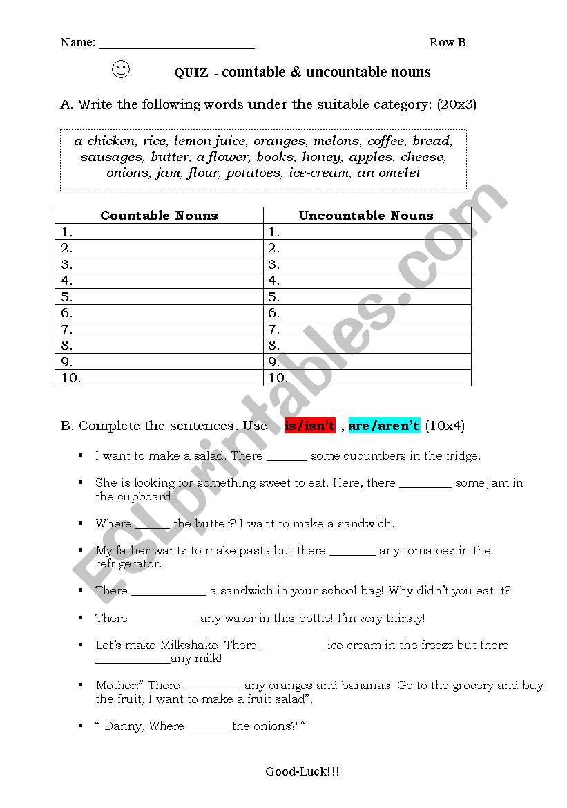 quiz countable and uncountable nouns