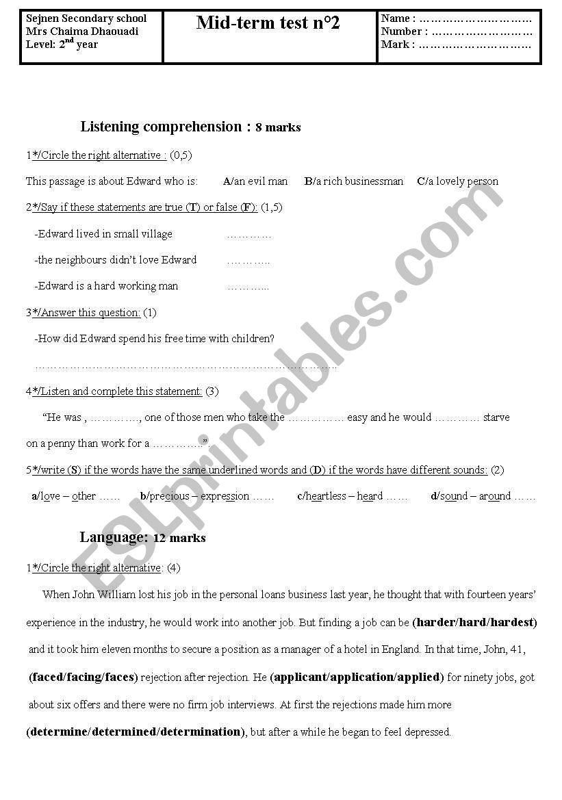 mid-term test worksheet