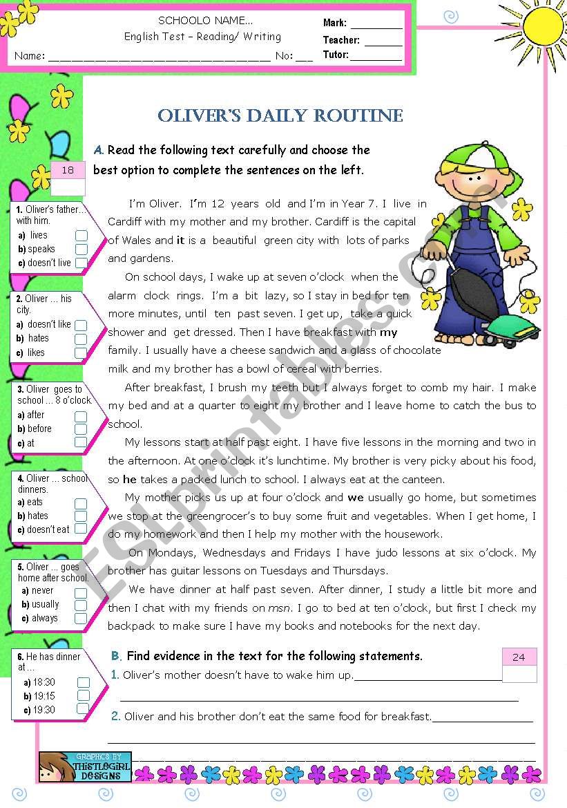 OliverÂ´s  Daily  Routine  -  Reading Test