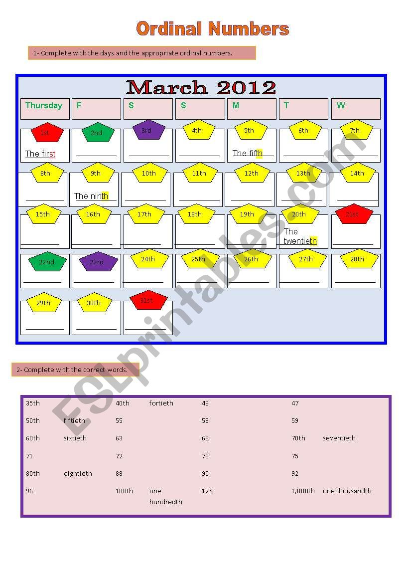 ordinal numbers worksheet