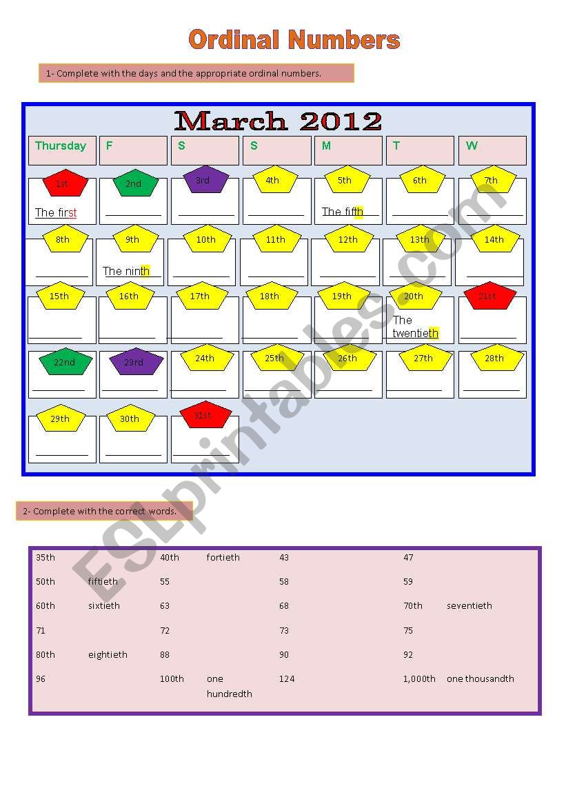 ordinal numbers worksheet