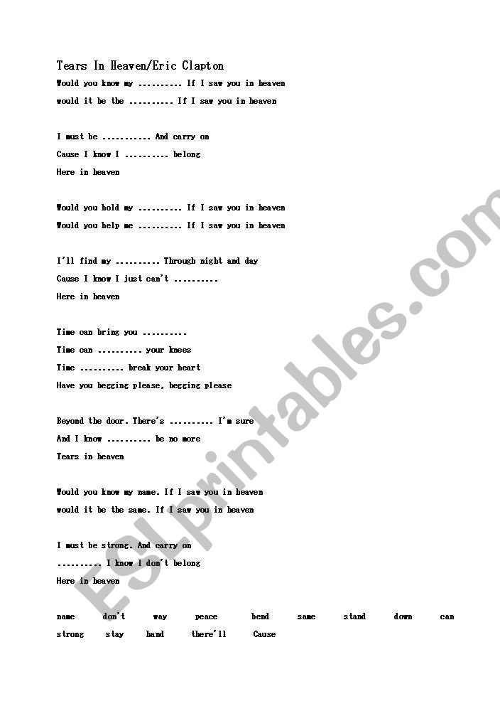 Eric Clapton/Tears In Heaven Song Worksheet