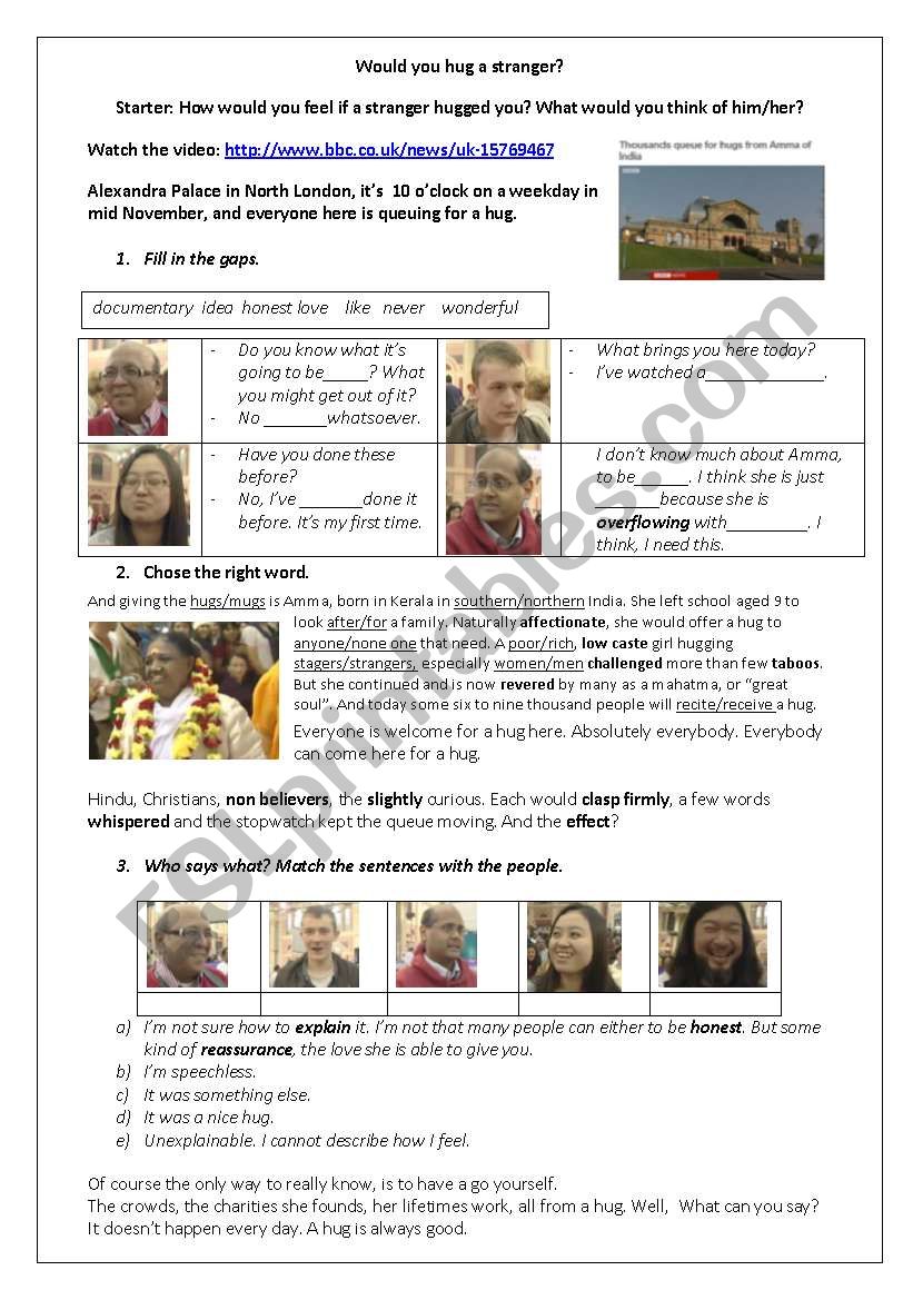 Would you hug a stranger?  worksheet