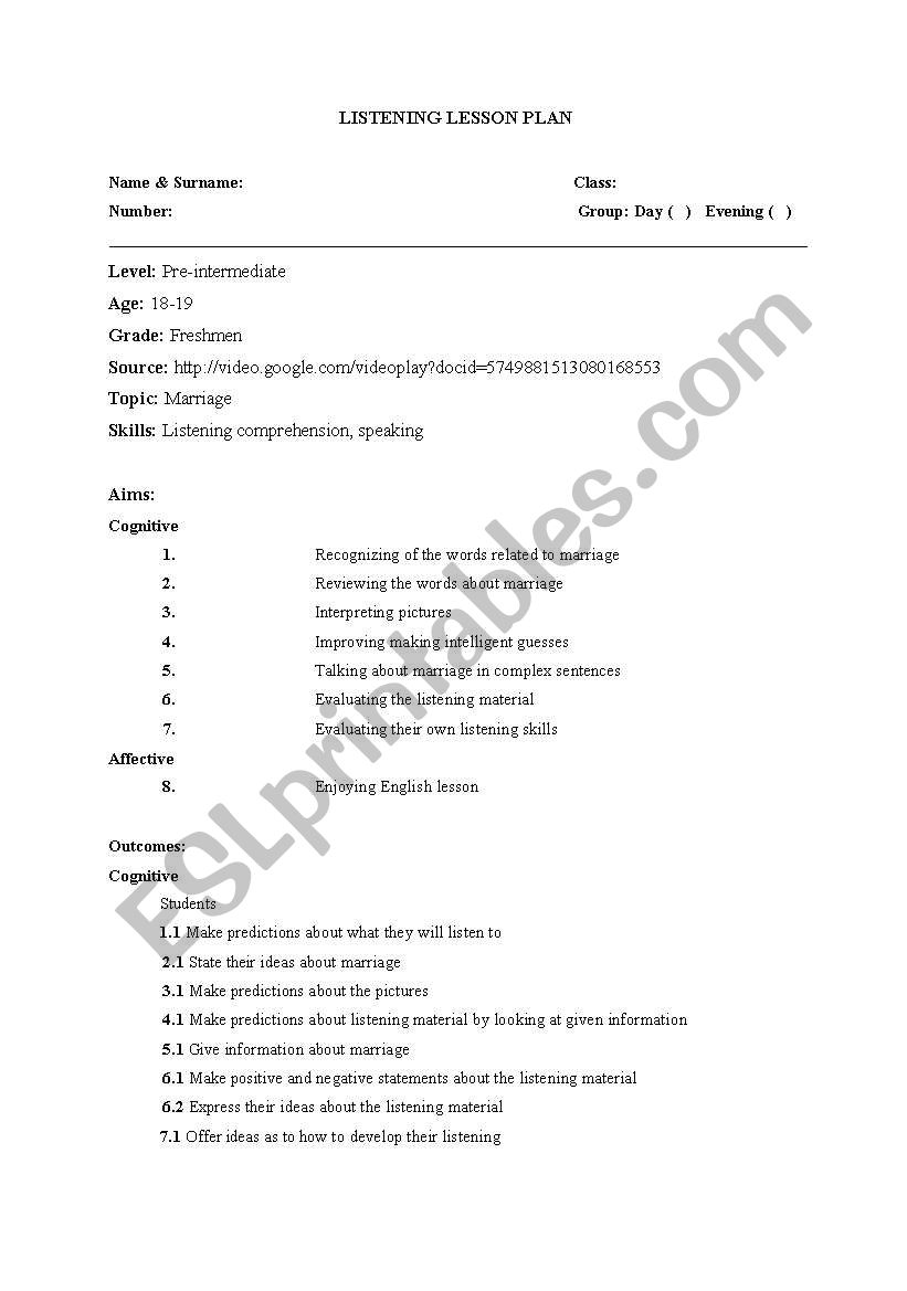 Listening Lesson Plan worksheet