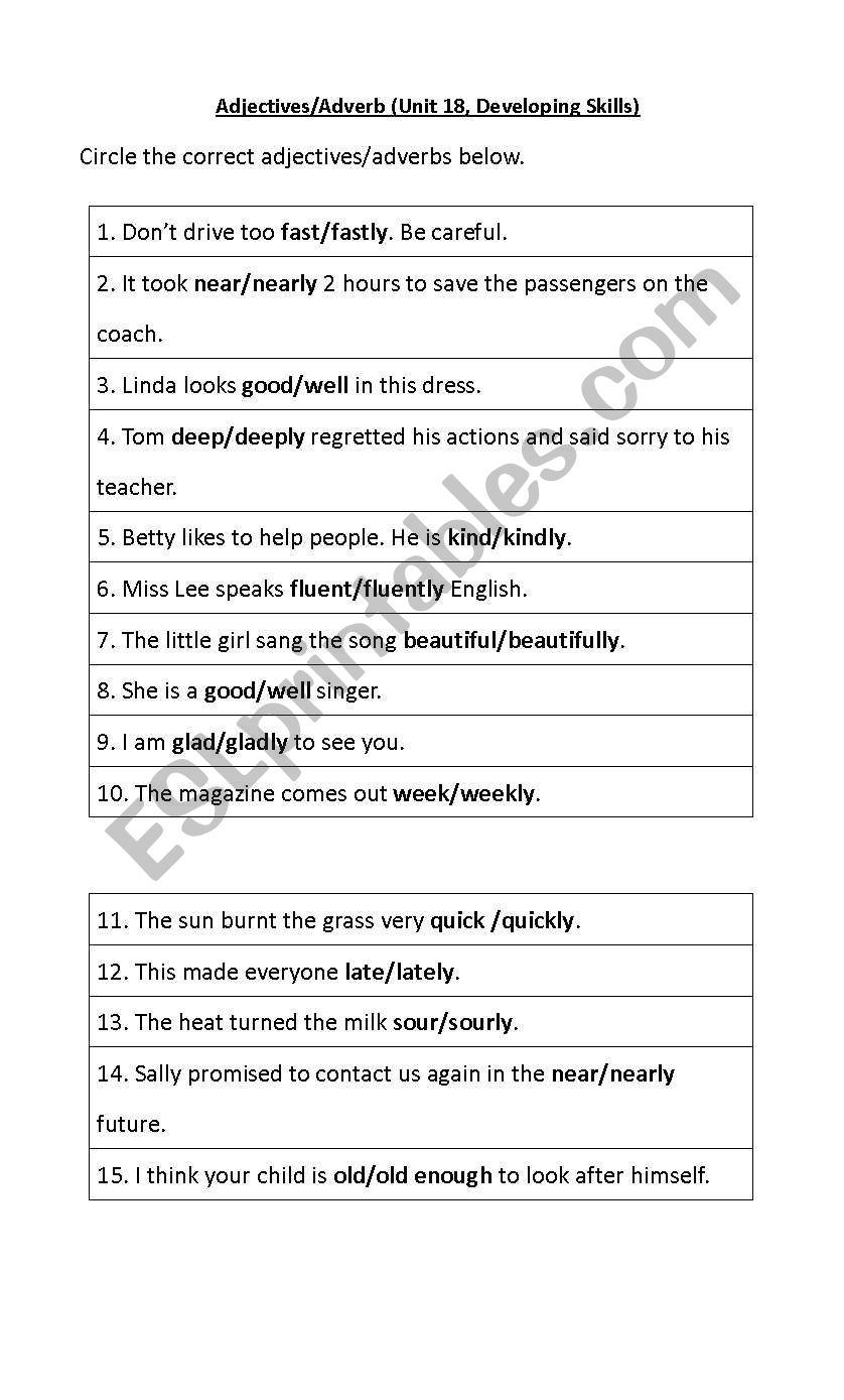adjectives and adverbs worksheet